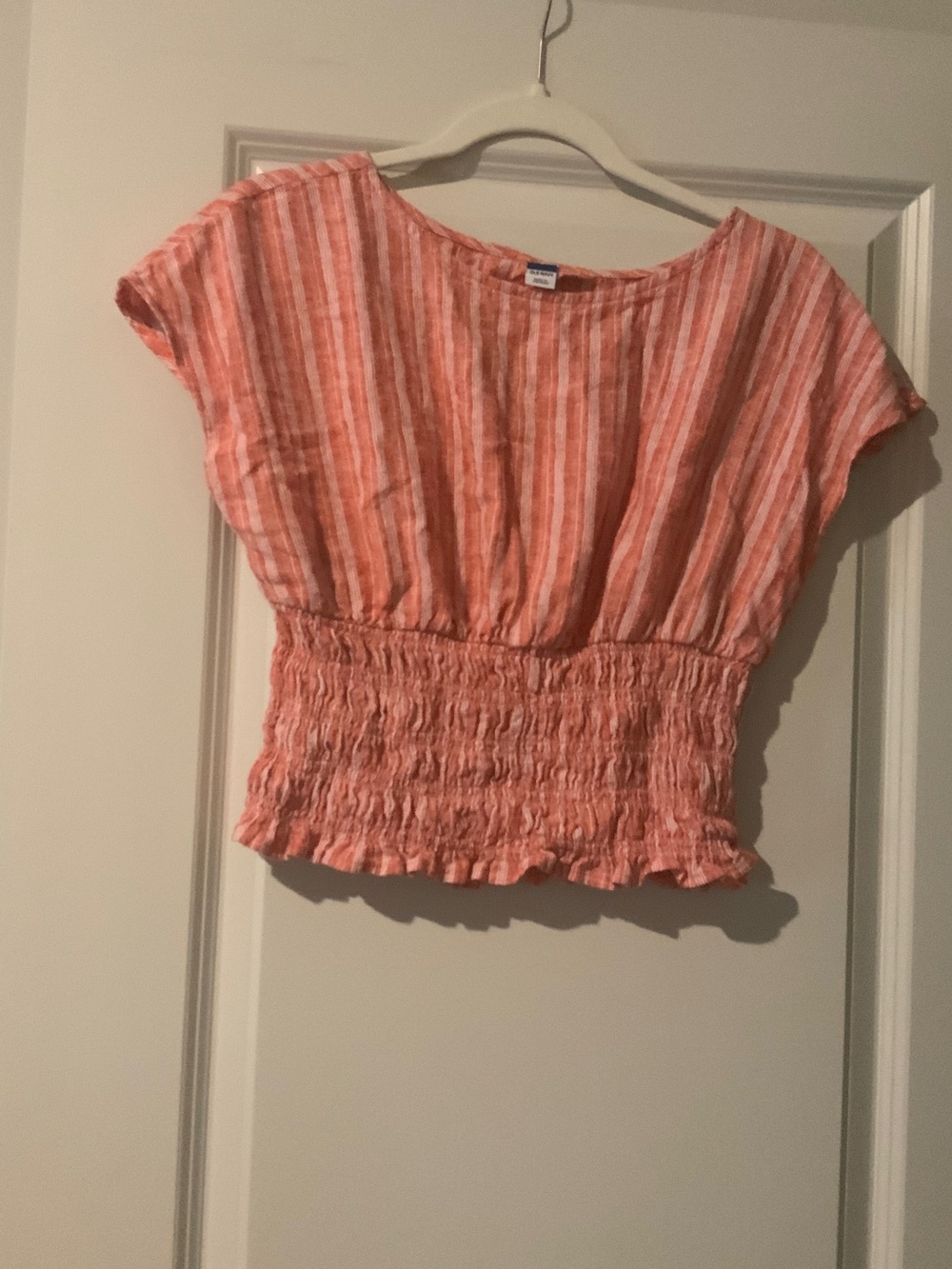 Old Navy Coral & White Striped Smocked Crop Top